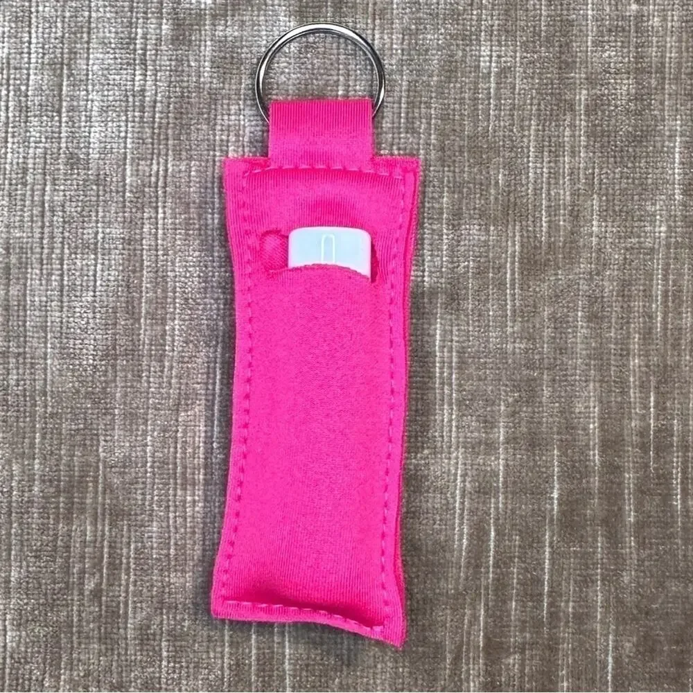Lip balm holder key chain handmade made of Neoprene slight stretch pink